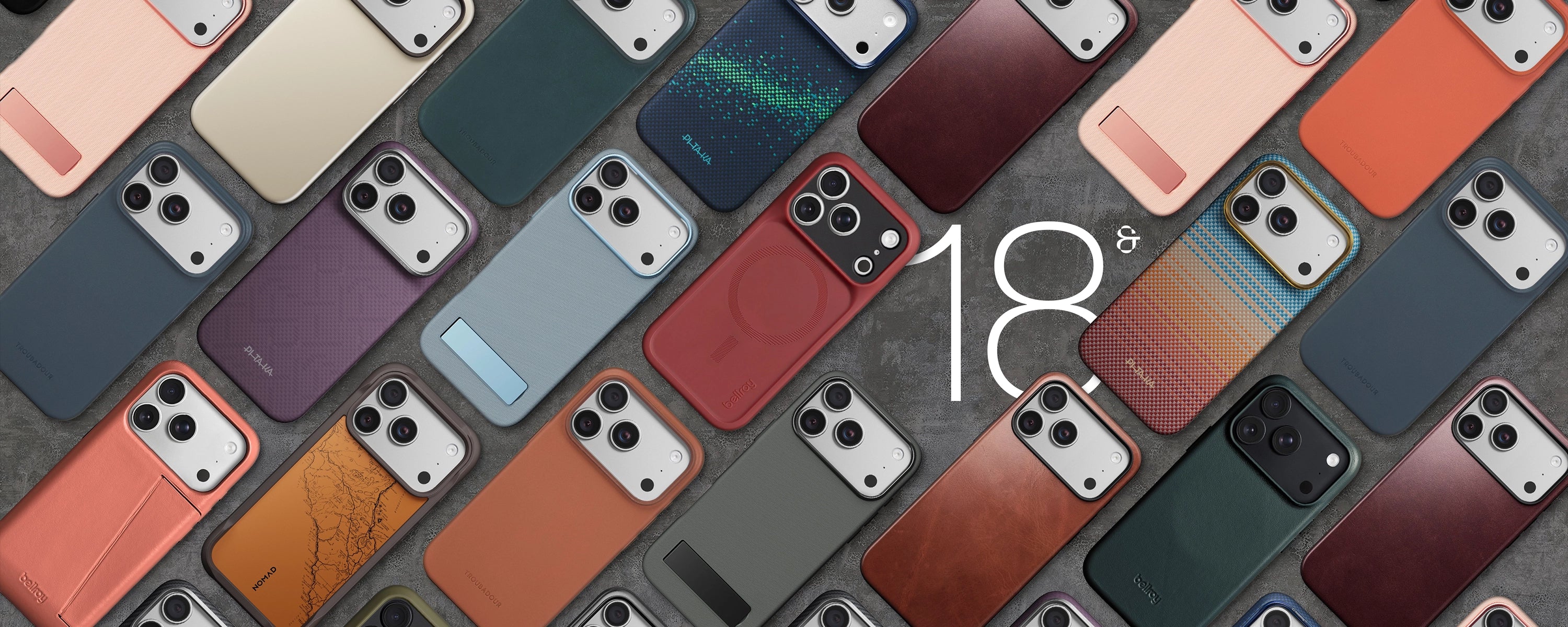 A collage of multiple smartphone cases arranged diagonally on a dark textured surface, with a large white '18+' overlay in the center. The cases come in many colors and finishes, including matte, glossy, metallic, and gradient designs.