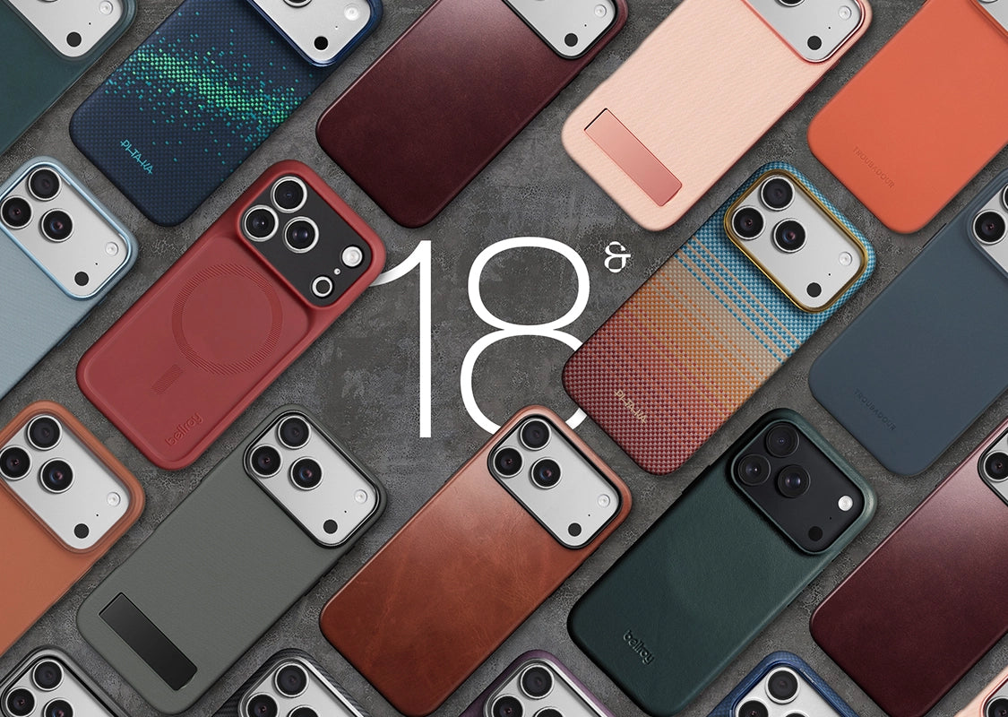 A collage of multiple phone cases arranged diagonally on a dark textured background, with a large white '18+' centered over the image. The cases come in many colors and materials, including leather, textured patterns, and glossy finishes.